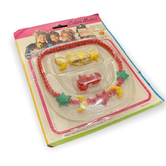 Vintage 1980s Color Mates Smiling Moons Stars Necklace Earrings Ponytail Holder - Picture 2 of 4